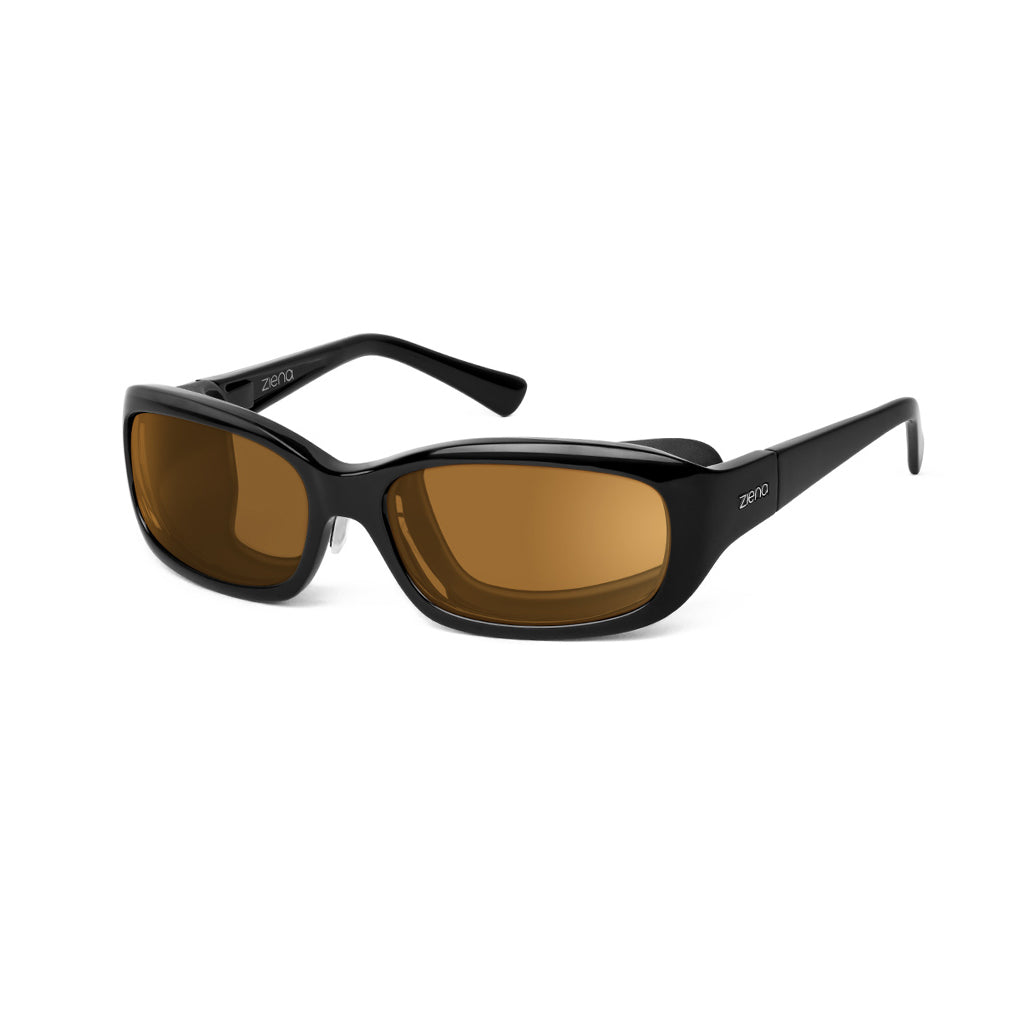 Ziena Verona in Glossy Black Frame with Black Eyecup and Copper Lens profile view
